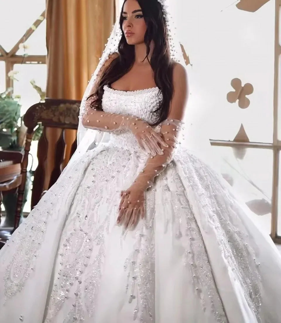 Luxury beading pearls ball gown wedding dress lace off-shoulder strapless princess Arabic Dubai bridal gown