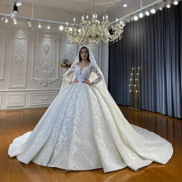 Customized Luxury Robe De Mariee Ball Gowns Wedding Dress Applique Lace Bridal Dress shiny Tulle Long Sleeves Vestidos De Novia