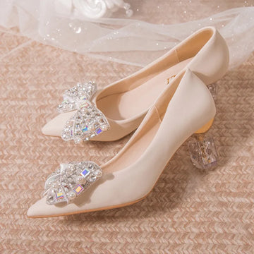 Crystal Bowtie High Heels Pumps Women Autumn Luxury Designer Rhinestone Heeled Wedding Shoes Woman Pointed Toe Party Shoes