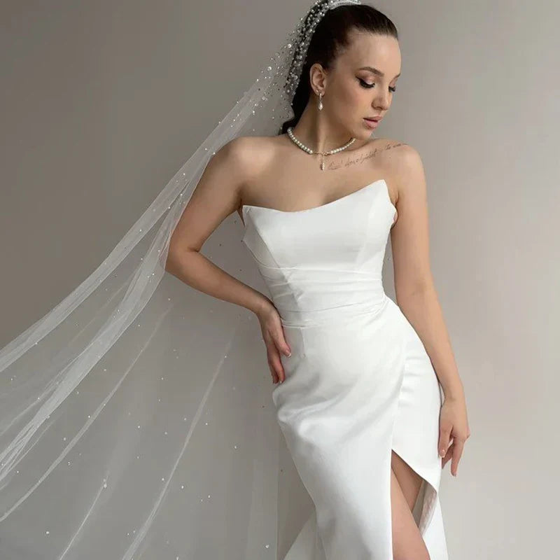 Formal Mermaid Wedding Dresses Straplss Satin Bride Dress Boho Beach High Split Wedding Evening Prom Gowns Plus Size