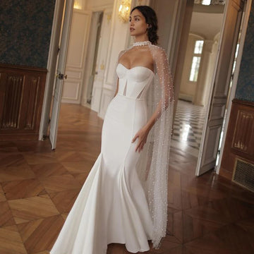 Stunning Satin Sweetheart Sheath/Mermaid Wedding Dresses With Long Beaded Sequined Cloak Custom Made Rode De Morrie