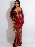 Diamond rhinestones one shoulder gorgeous long sleeve sequin mermaid evening party dress side view
