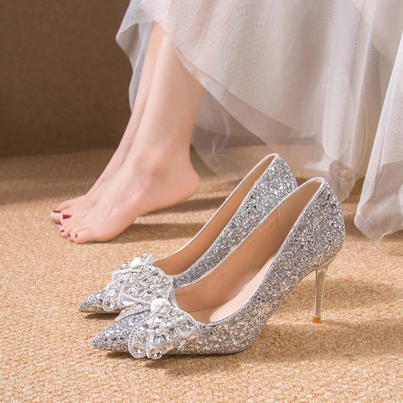 Silver High Heels Shoes Pumps Womens Wedding Shoes Bride Heels Shoes Luxury Bow Pointed High Heels Zapatos Mujer