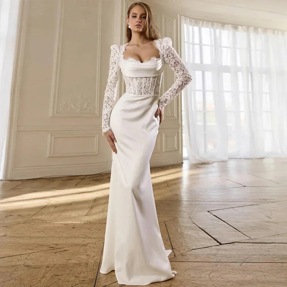 Modern mermaid bridal gown 2026 sweetheart long sleeves pleat sequined lace wedding dress