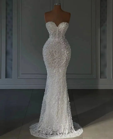 Customized Luxury Mermaid Wedding Dresses For Women Sweetheart Neck Sleeveless Bridal Gown Pearls Sequins Robe vestidos de novia
