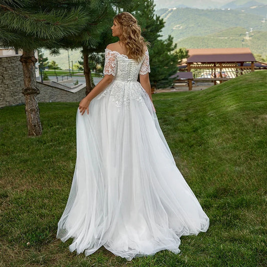 Short Sleeve Beading Vestidos De Novia Off The Shoulder Plus Size Wedding Dresses Customized Appliques Vestido De Noiva