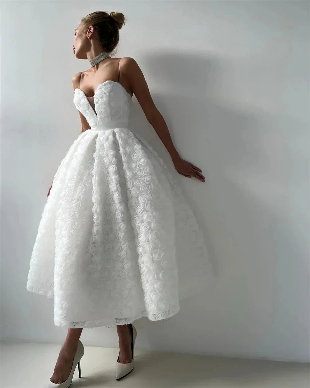 New arrival wedding dress 2026 3D rose floral lace spaghetti strap ankle-length princess bridal gown