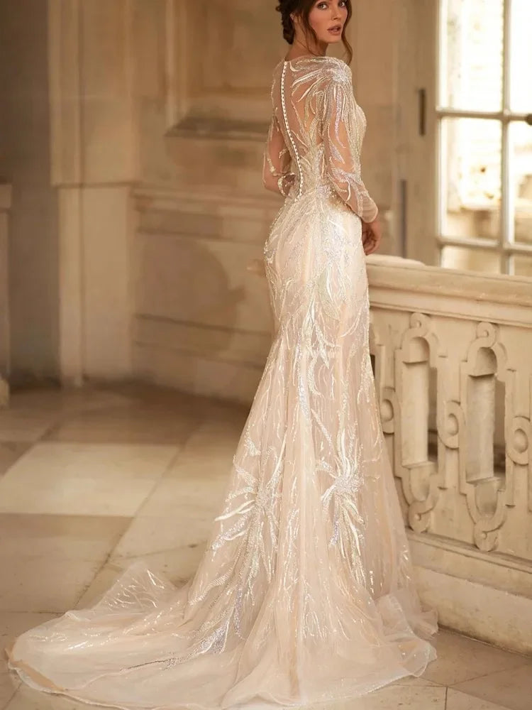 Customized Modest Long Sleeve Bridal Dress Sparkly Sequins Beads Wedding Gown Detachable Train Bride Robe Vestido De Novia