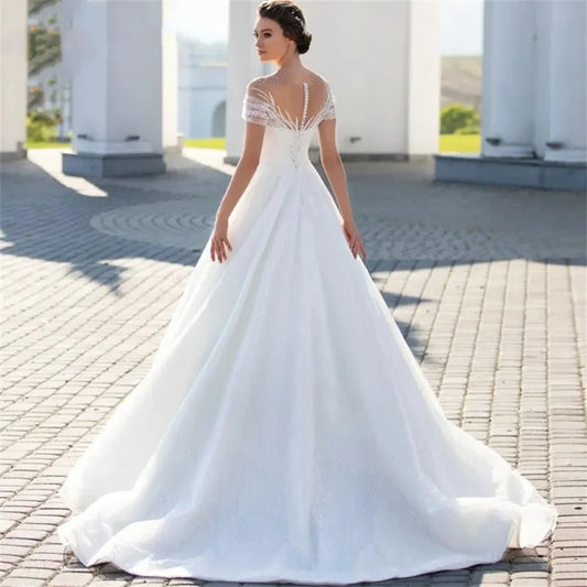 Elegant Short Sleeve Wedding Dress Classic Beaded Bride Gown 2025 Customized A-line Off-Shoulder Bride Robe Vestidos De Novia