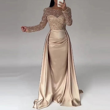 Luxury Banquet Long Sleeve Sequins Evening Dress Temperament O Collar Prom Gown Chic Patchwork Slim Pleated 2025 New Year Dress