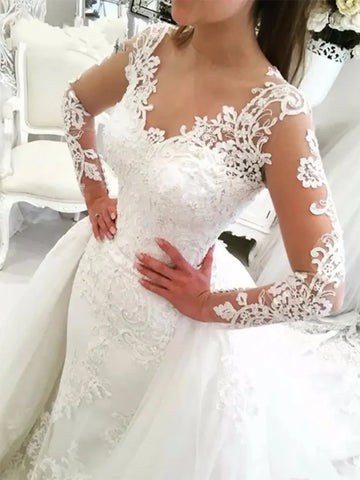 Luxury V-neck Mermaid Wedding Dresses 2 in 1 Detachable Train Appliques Saudi Arabia Long Sleeves Bridal Gown Vestido De Noiva