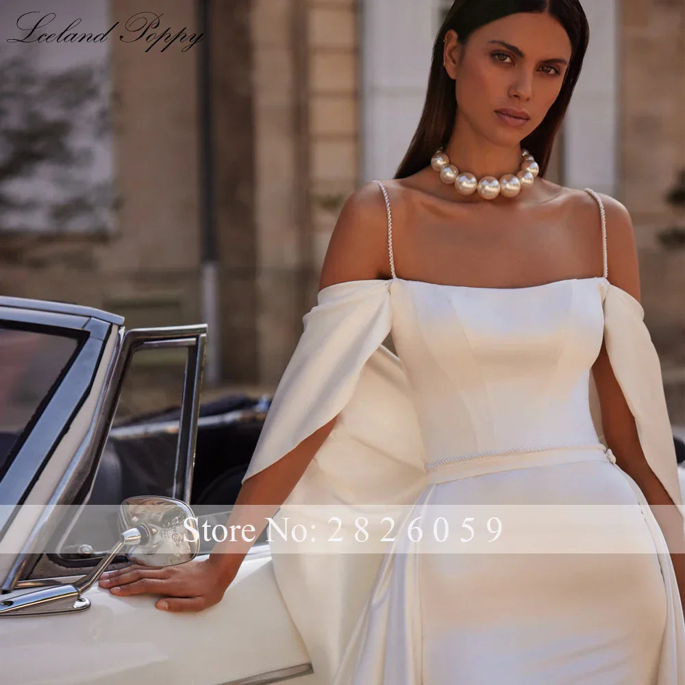 Lceland Poppy 2 in 1 Mermaid Satin Wedding Dresses Sleeveless Beaded Floor Length Bridal Gowns with Detachable Train