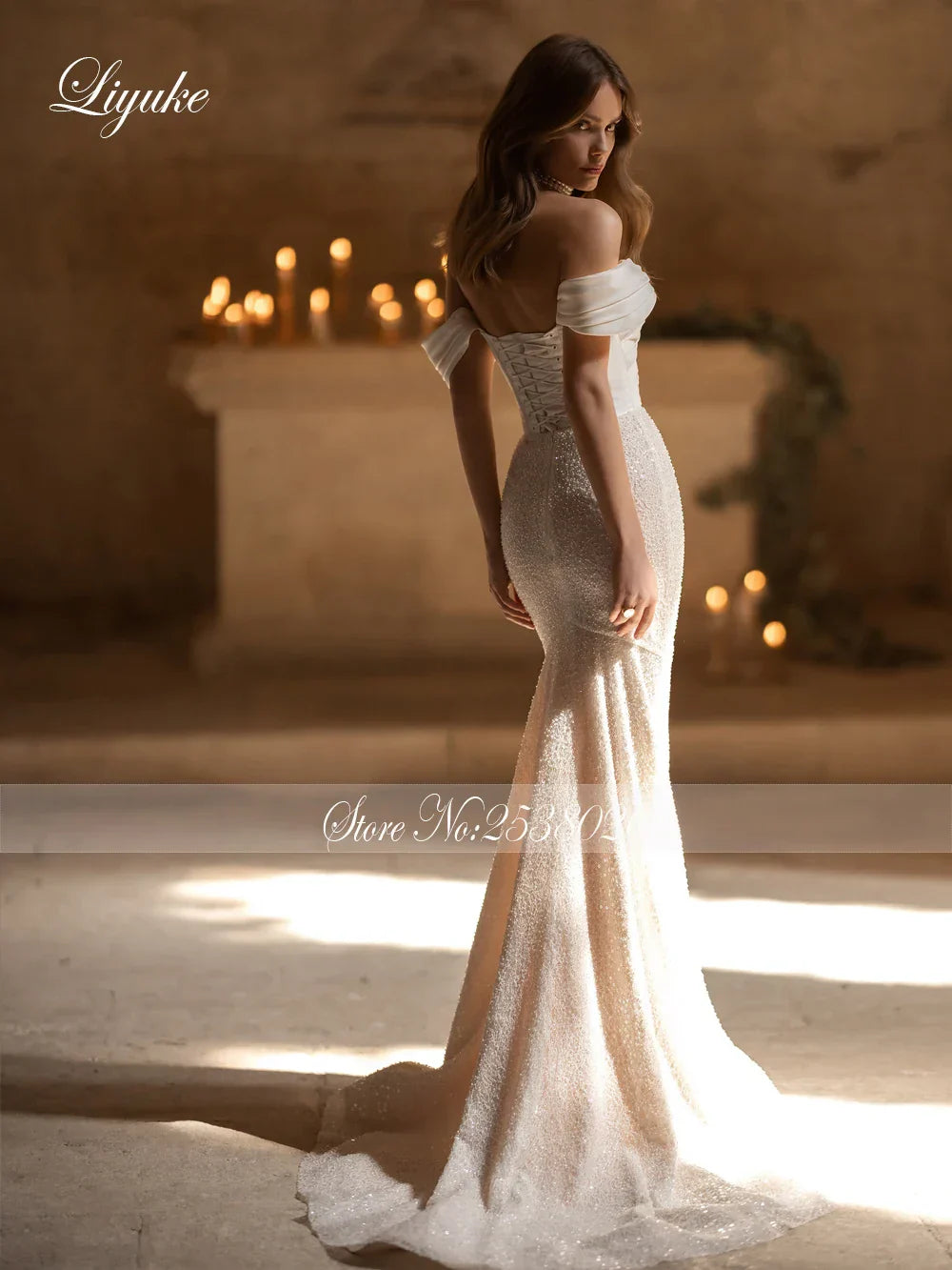 Liyuke Elegance 2 In 1 Mermaid Wedding Dresses With Removable Train Luxury Satin Off Shoulder Sleeves Trumpet Bridal Gowns