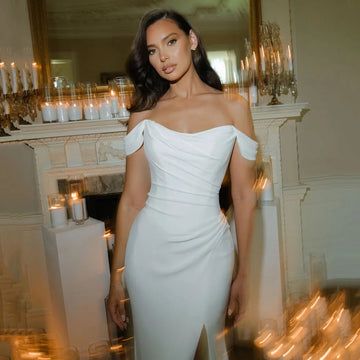 Customized Off Shoulder Bridal Dress Mermaid Wedding Dress Women Wedding Dress Elegant Pleats Side Slit Backless Bride Gown