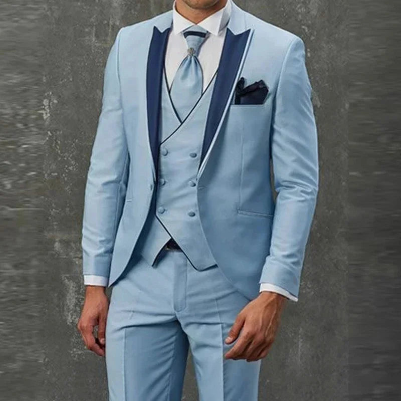 Sky blue men suit slim fit tuxedo wedding dinner beach party jacket pants vest