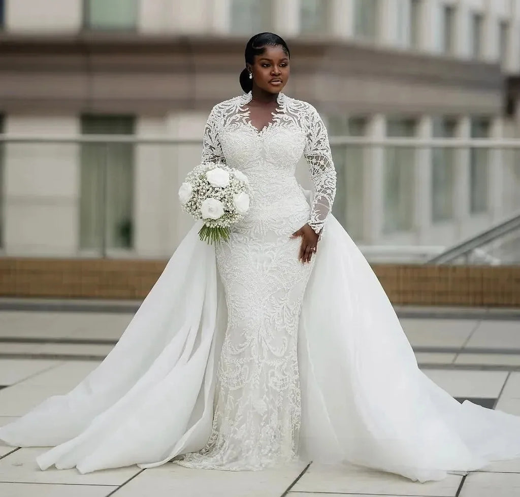 African Plus Size Mermaid Wedding Dress Bridal Gowns for Bride Illusion Detachable Train Long Sleeves Beaded Lace Crystals