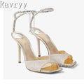 Crystal chain satin square open toe ankle strap thin high heel luxury wedding bride party shoes