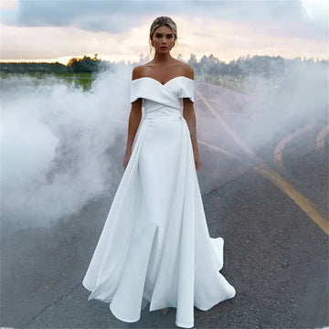 White Mermaid Satin Wedding Dresses Detachable Overskirt Train Customized Bridal Dress 2 in 1 Cheap Wedding Gowns Trouwjurk