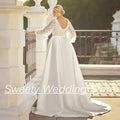 2024 Plus Size Wedding Dresses Classic Satin Bridal Dresses Puff Sleeves V Neck Beading Sequined A Line Bride Gown with Pockets