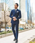 Double breasted navy blue striped slim groom tuxedo men wedding blazer 2 piece side view