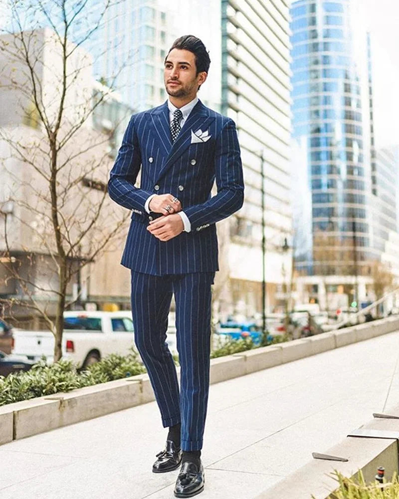 Double breasted navy blue striped slim groom tuxedo men wedding blazer 2 piece side view