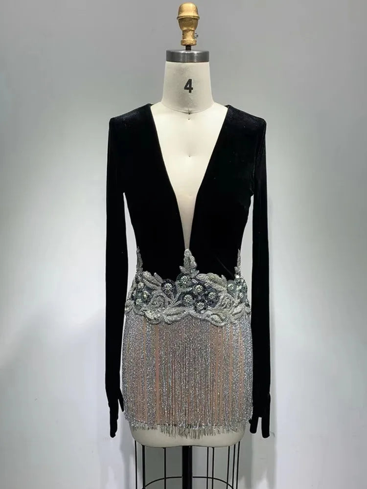 Luxury Women Sexy Long Sleeve V Neck Mesh Tassel Glitter Black Mini Velvet Bodycon Dress Elegant Evening Party Club Dress