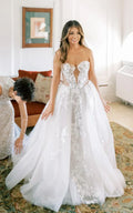 Elegant Sweep Train A-line Wedding Dress Modern Appliques Lace-up Sweetheart Neck Illusion Detachable SleevesBridal Gown As Picture