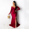 Slash neck long sleeve off-shoulder split mermaid sexy formal occasion long evening club party dress ivory