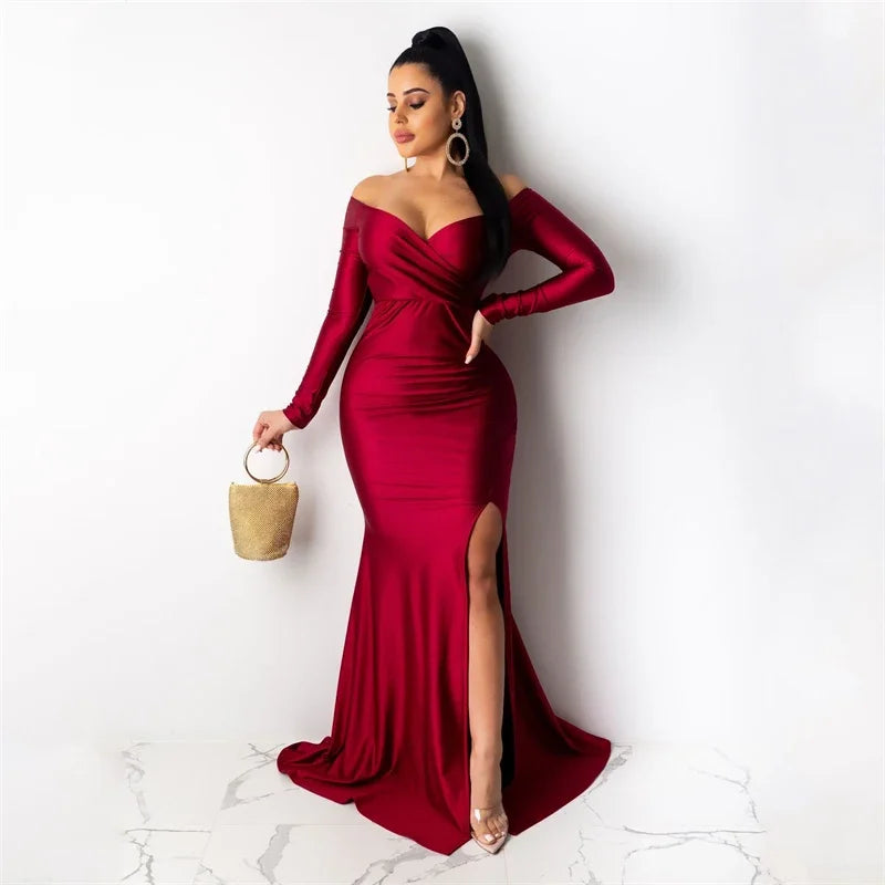 Slash neck long sleeve off-shoulder split mermaid sexy formal occasion long evening club party dress ivory