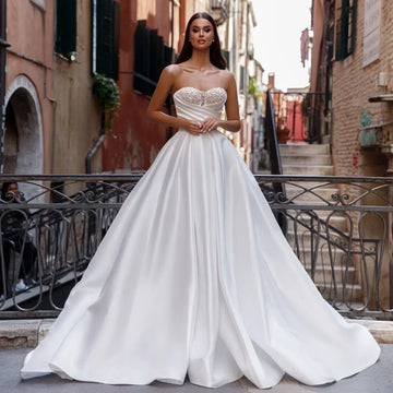 Customized New Arrivals Pearls Sequins Sweetheart Neck Zipper Up Back Satin sexy A-Line Bridal Wedding Dresses Vestido De Noiva