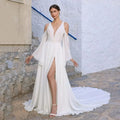Luxury Wedding Dresses For Women Sexy High Slit A-line V-neck Button Beading Robe De Soiree Plus Size Bridal Dress Customized