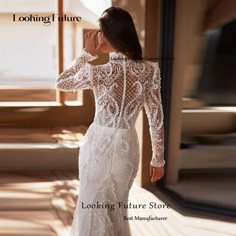 Exquisite White Wedding Dress Sexy Mermaid Backless Button Pleat Lace Appliques Bridal Gown High Neck Long Sleeves Sweep Train