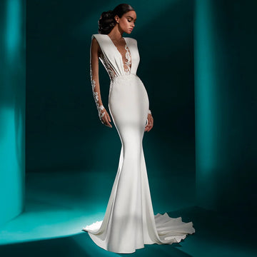 Elegant Trumpet Wedding Gowns for Women 2024 Appliques Full Sleeves Ivory Wedding Dresses Mermaid V Neck Boho Bridal Dress Long