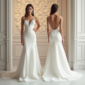 Sleek satin mermaid wedding dress with deep V-neckline, beaded accents, and open back with button details.