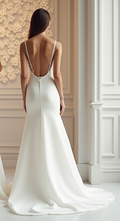 Sleek satin mermaid wedding dress with deep V-neckline, beaded accents, and open back with button details.