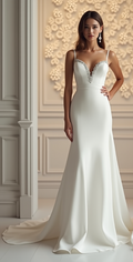 Sleek satin mermaid wedding dress with deep V-neckline, beaded accents, and open back with button details.