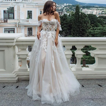 Custom Color Beach Wedding Dress Lace Appliques Tulle Backless Boho Wedding Gowns Off Shoulder Princess Bridal Dress