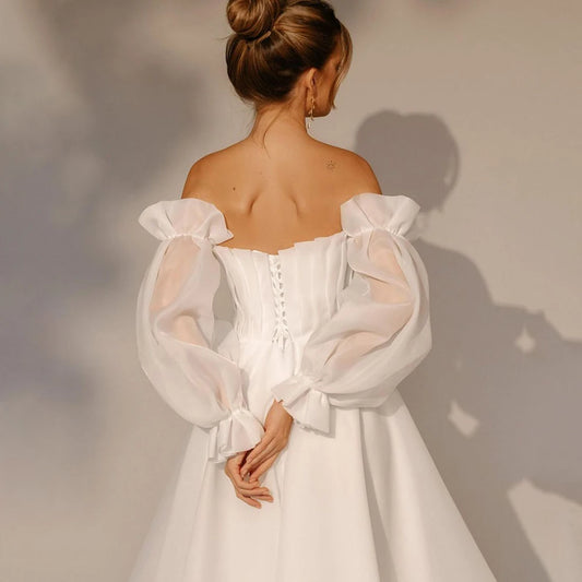 Strapless Simple Organza Ankle Length Wedding Dress Princess Long Puffy Sleeves Plus Size Beach Customized Micro Bridal Gowns