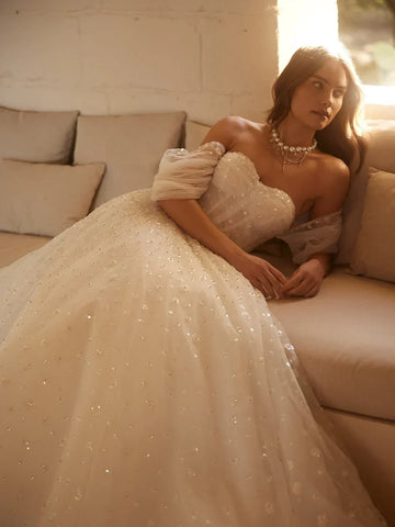 Shinny Sequins Off The Shoulder Wedding Dress Romantic Sweetheart Neck Bride Robe Elegant A-line Long Bridal Gown - Image 1