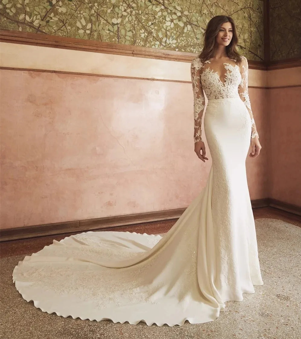 2026 sexy mermaid wedding dress O-neck lace appliques illusion buttons back bridal gown