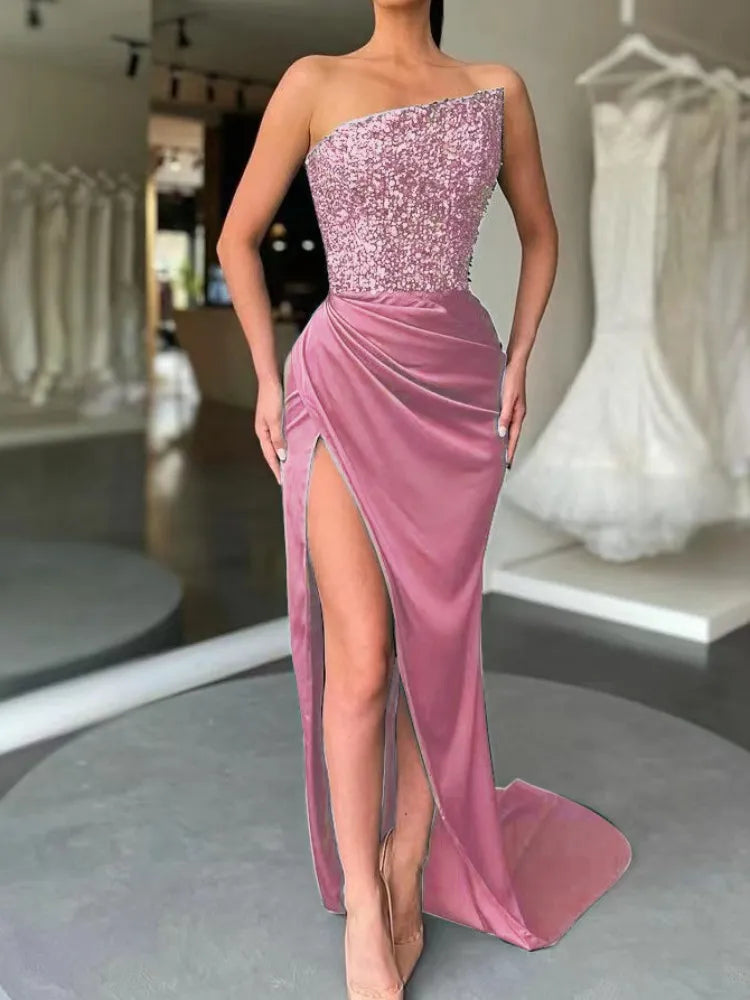 Women Elegant Sequin Bodycon Long Evening Dress Strapless High Split Birthday Party Sexy Maxi Dress Ladies Summer Clothes