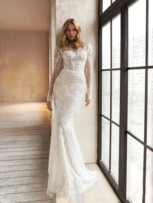 Beautiful Wedding Dresses With Detachable Train O-Neck Long Sleeves Bridal Gowns Lace Appliques Vestidos De Novia Customized