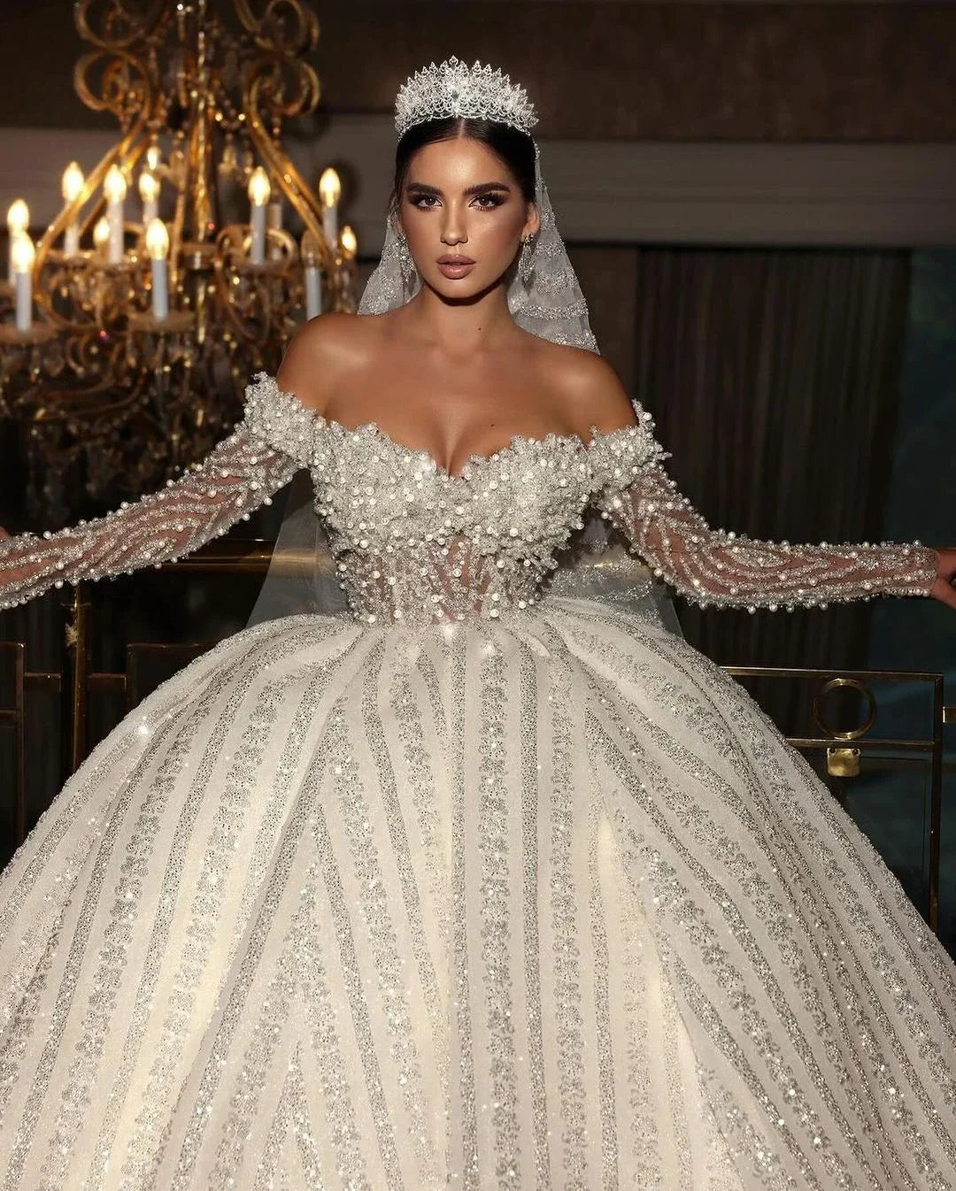 Customized Exquisite Off The Shoulder Bridal Dress Shiny Sequins Beads Wedding Dress Ball Gown Robe Vestido De Novia