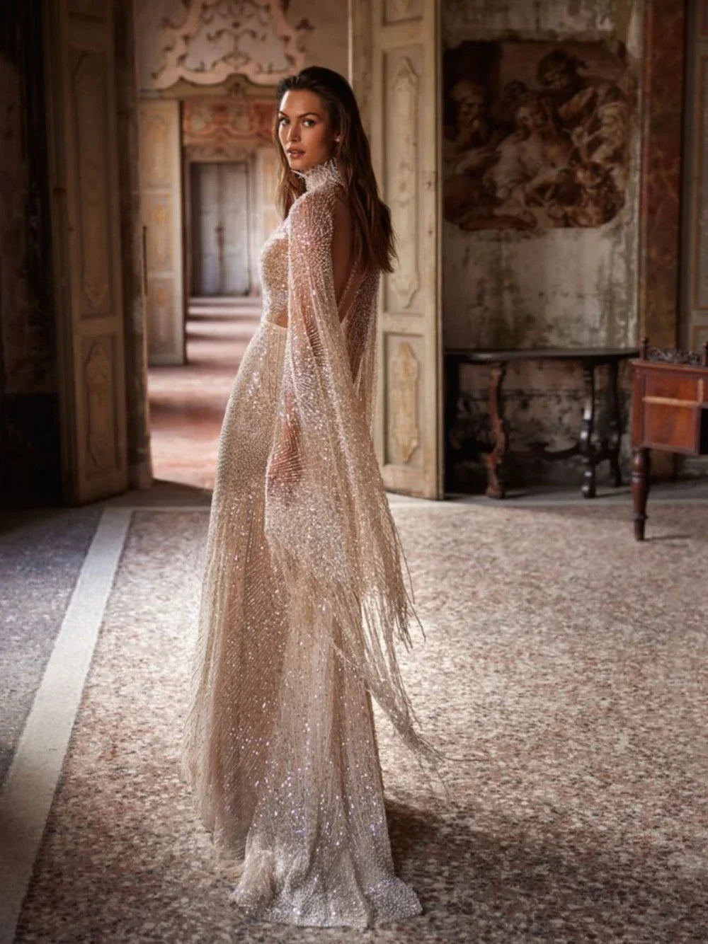 Elegant High Neck Wedding Dress Luxury Pearls Sequins Mermaid Bride Robe Illusion Floor-length Bridal Dresses Vestidos De Novia