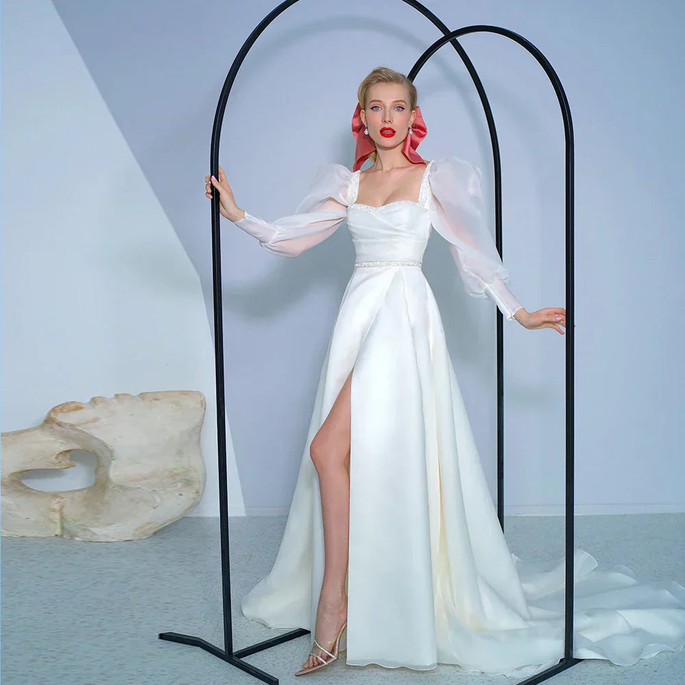 Elegant A-Line Wedding Dresses Square Neck Long Puff Sleeves Bridal Gowns Beades Front Slit Sweep Train Satin Robe De Mariee