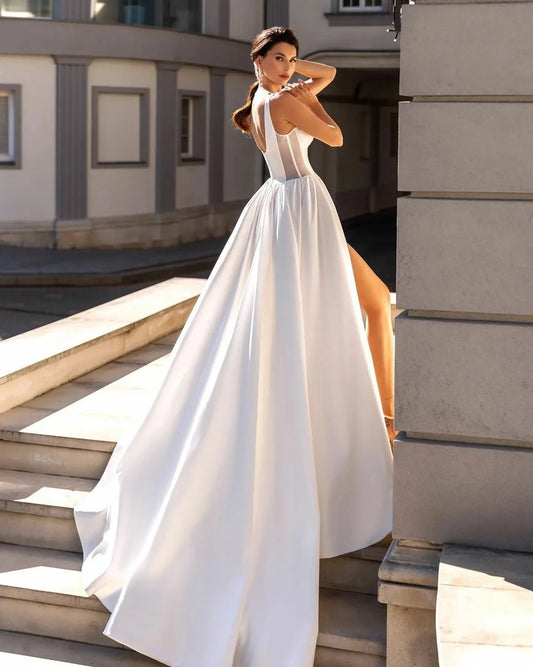 Customized Modern Square Neck Spaghetti Straps A-Line Wedding Dress For Women High Slit Sleeveless Satin Vestido De Novia 2025