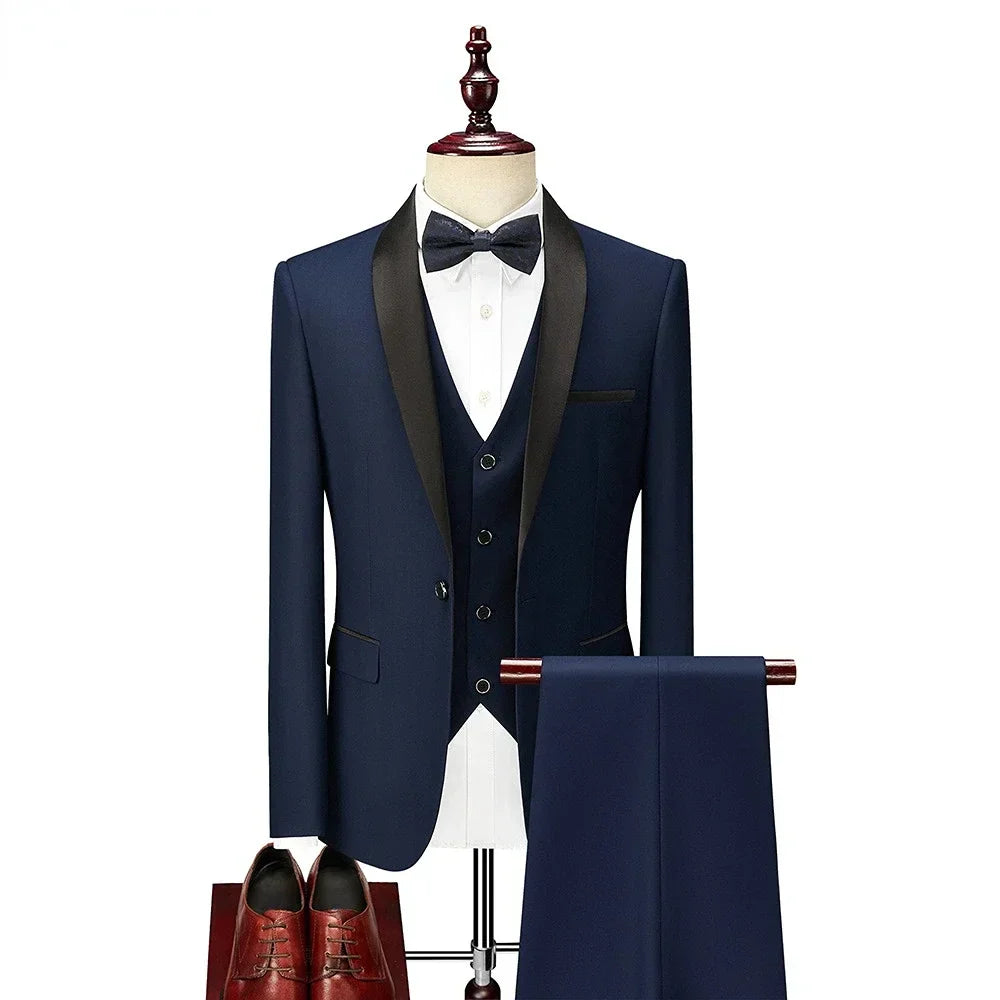 Men Suit Wedding 3 Pieces Set Elegant Blazers Shawl Collar Luxury Jacket Pants Vest Formal CoatSkinny Dress