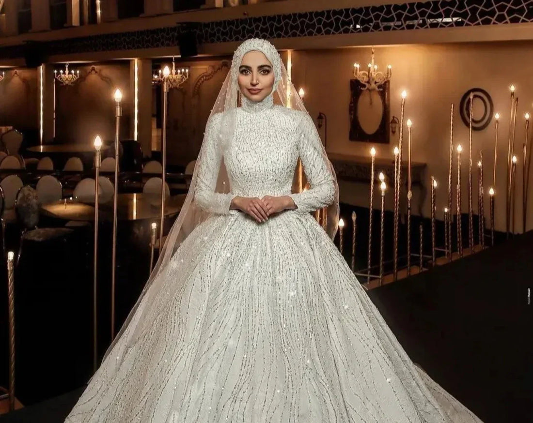 Customized Muslim Long Sleeves Wedding Dresses Sequined High Neck Bridal Gowns Made Glitter Vestido De Noiva Robe De Marie