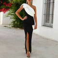 Women elegant gradient one shoulder sashes high slit folds sexy party dress