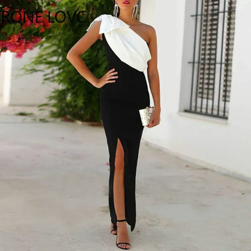 Women elegant gradient one shoulder sashes high slit folds sexy party dress